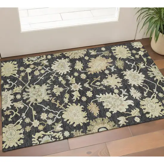 Black Beige And Gold Floral Medallion Washable Area Rug With UV Protection Photo 1