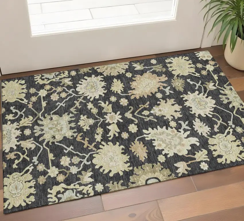Black Beige And Gold Floral Medallion Washable Area Rug With UV Protection Photo 1