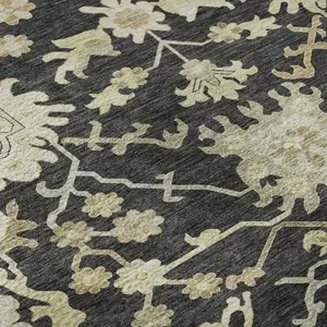 Photo of Black Beige And Gold Floral Medallion Washable Area Rug With UV Protection