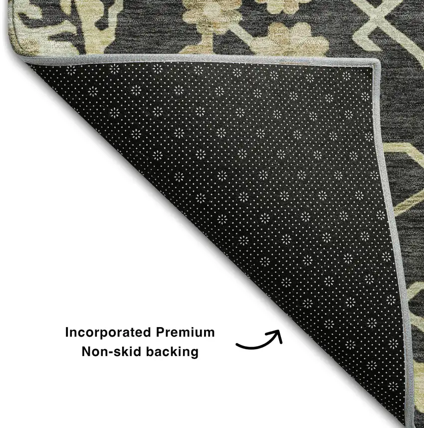 Black Beige And Gold Floral Medallion Washable Area Rug With UV Protection Photo 7