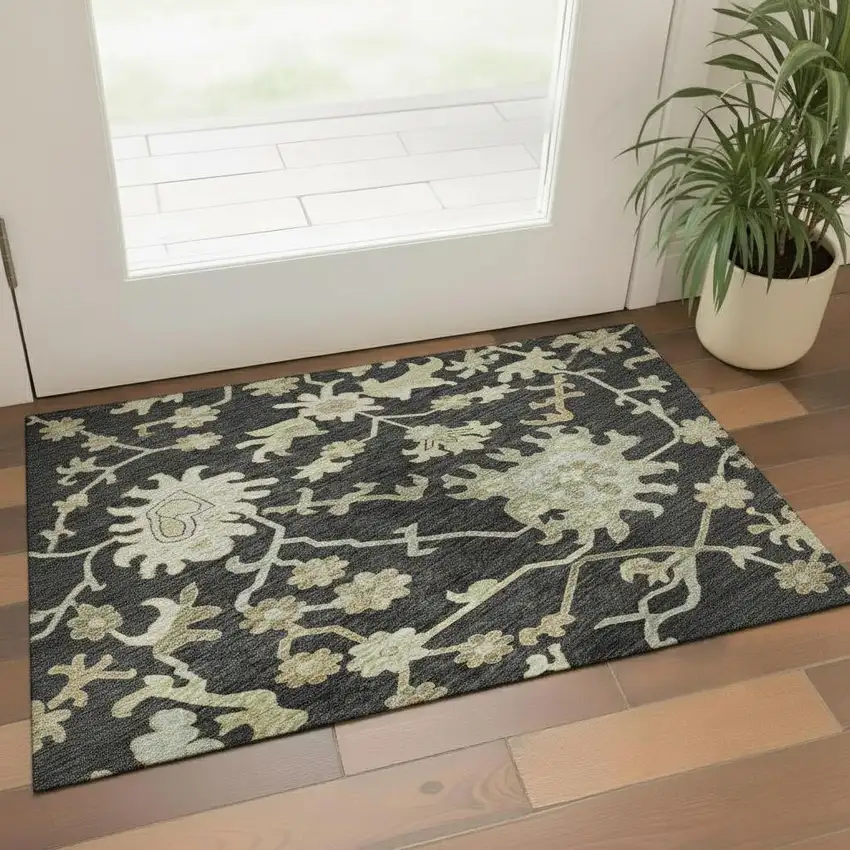 Black Beige And Gold Floral Medallion Washable Area Rug With UV Protection Photo 2