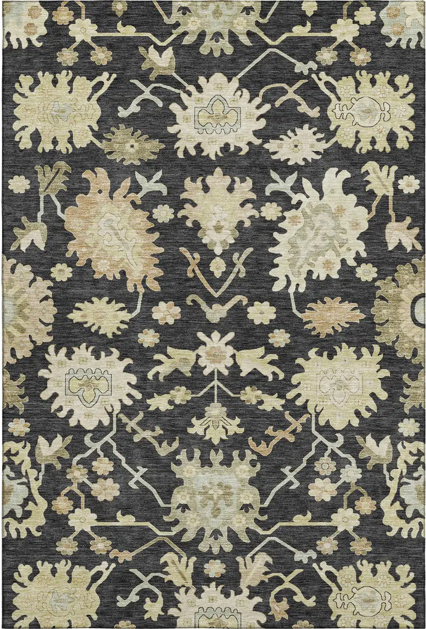 Black Beige And Gold Floral Medallion Washable Area Rug With UV Protection Photo 6