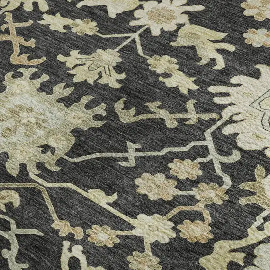 Black Beige And Gold Floral Medallion Washable Area Rug With UV Protection Photo 3
