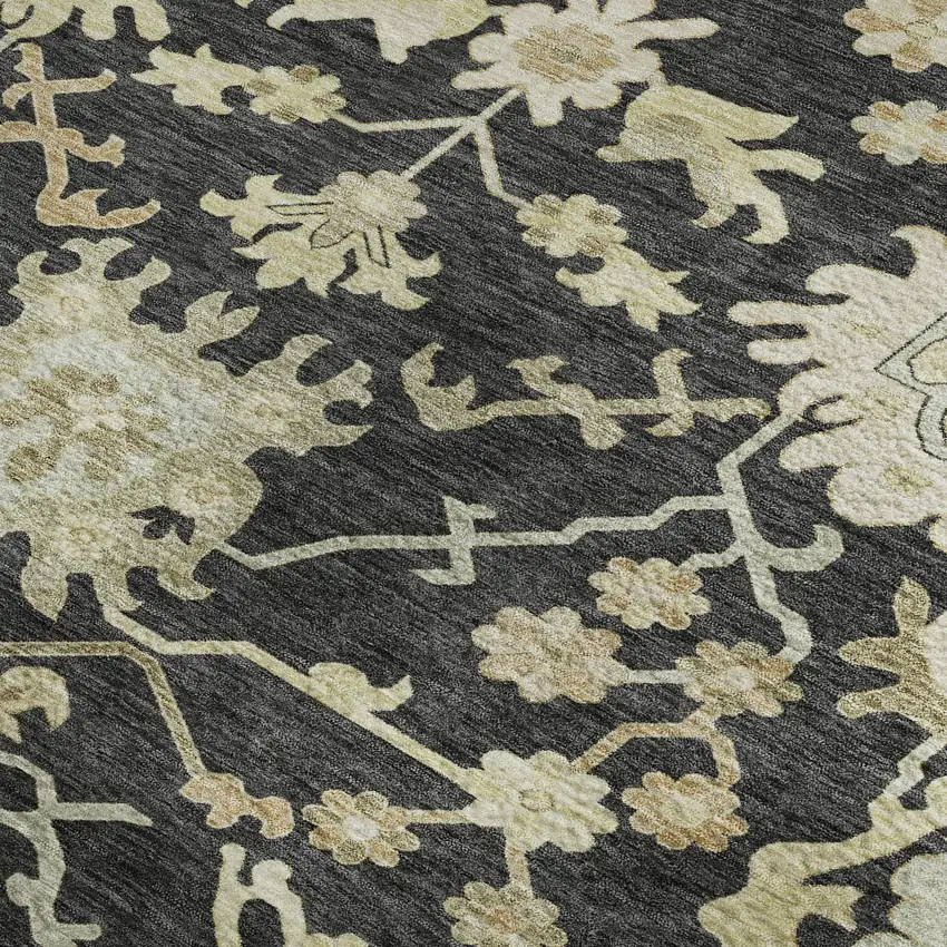 Black Beige And Gold Floral Medallion Washable Area Rug With UV Protection Photo 3