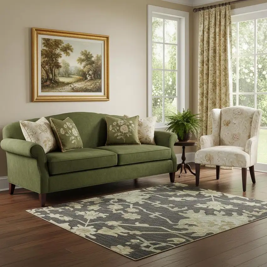 Black Beige And Gold Floral Medallion Washable Area Rug With UV Protection Photo 2