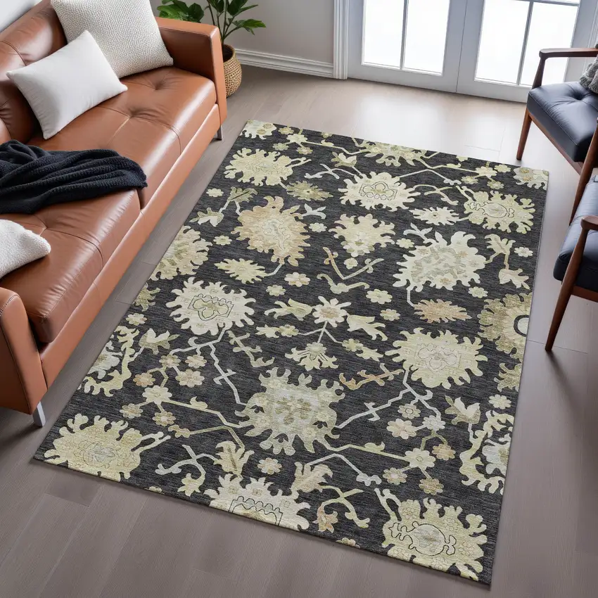 Black Beige And Gold Floral Medallion Washable Area Rug With UV Protection Photo 5