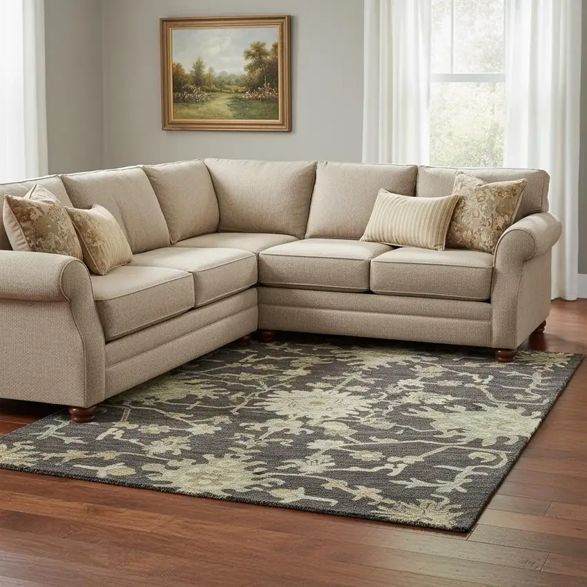 Black Beige And Gold Floral Medallion Washable Area Rug With UV Protection Photo 2