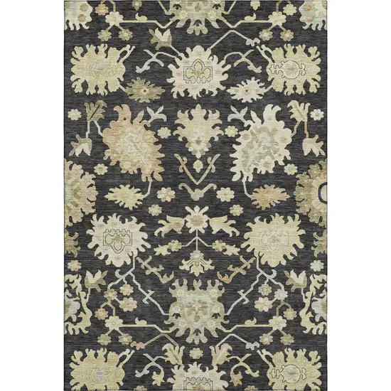 Black Beige And Gold Floral Medallion Washable Area Rug With UV Protection Photo 6