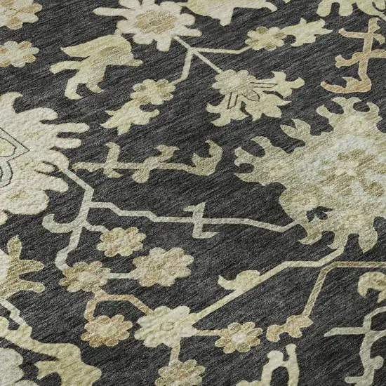 Black Beige And Gold Floral Medallion Washable Area Rug With UV Protection Photo 1