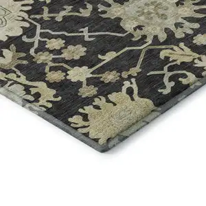 Photo of Black Beige And Gold Floral Medallion Washable Area Rug With UV Protection