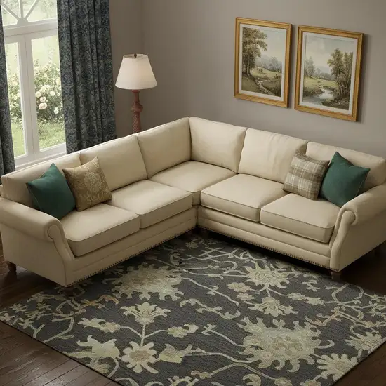 Black Beige And Gold Floral Medallion Washable Area Rug With UV Protection Photo 2