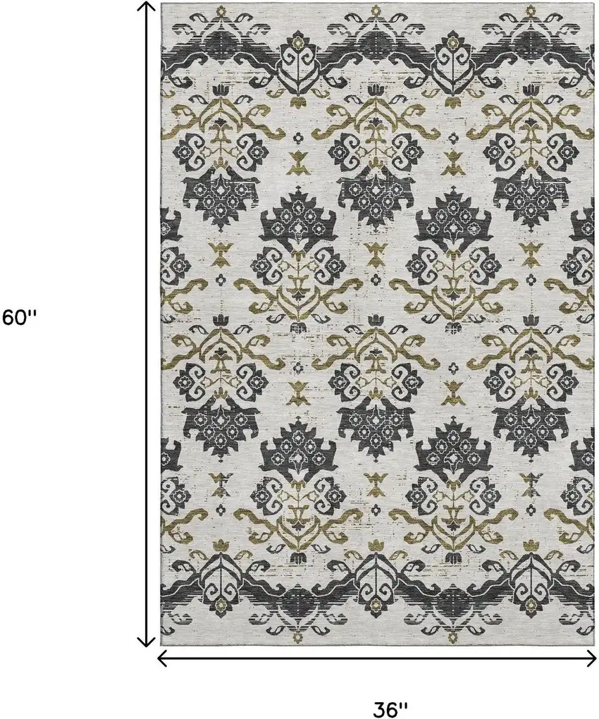 Black Beige And Gold Medallion Washable Area Rug With UV Protection Photo 3