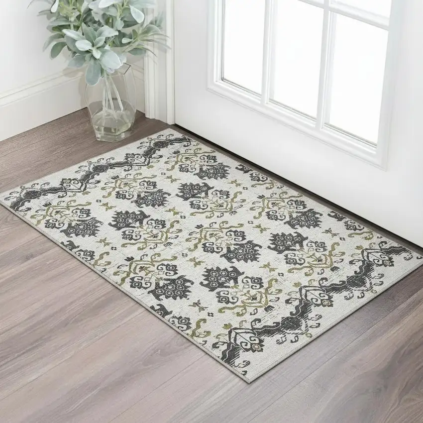 Black Beige And Gold Medallion Washable Area Rug With UV Protection Photo 2