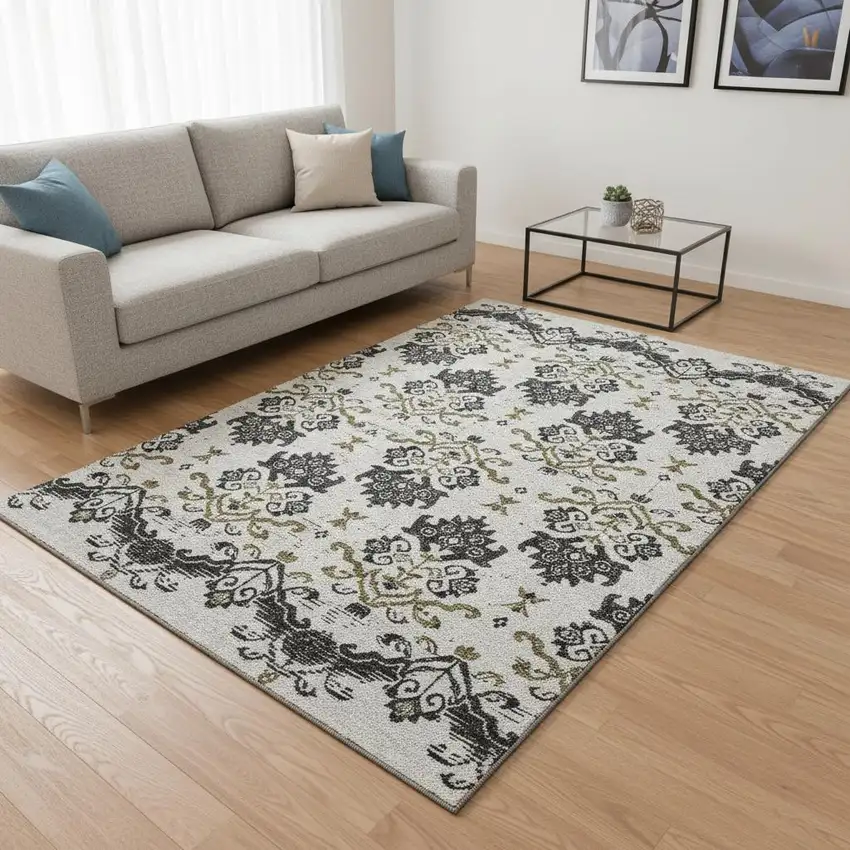 Black Beige And Gold Medallion Washable Area Rug With UV Protection Photo 2