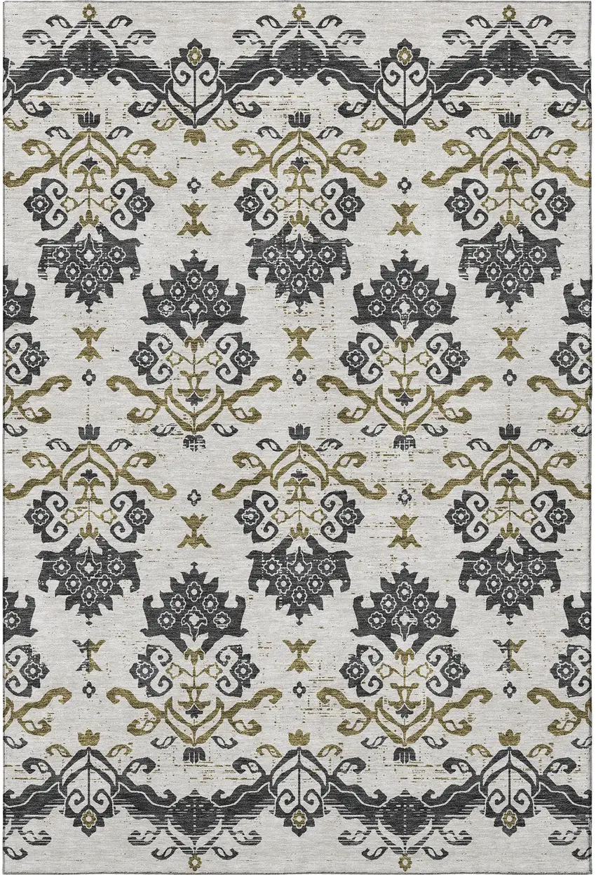 Black Beige And Gold Medallion Washable Area Rug With UV Protection Photo 4