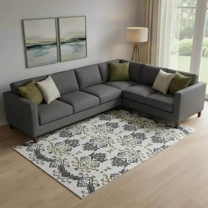 Black Beige And Gold Medallion Washable Area Rug With UV Protection Photo 1