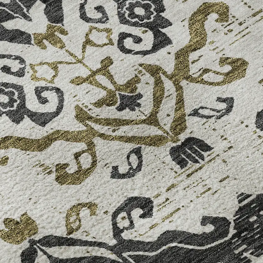 Black Beige And Gold Medallion Washable Area Rug With UV Protection Photo 9