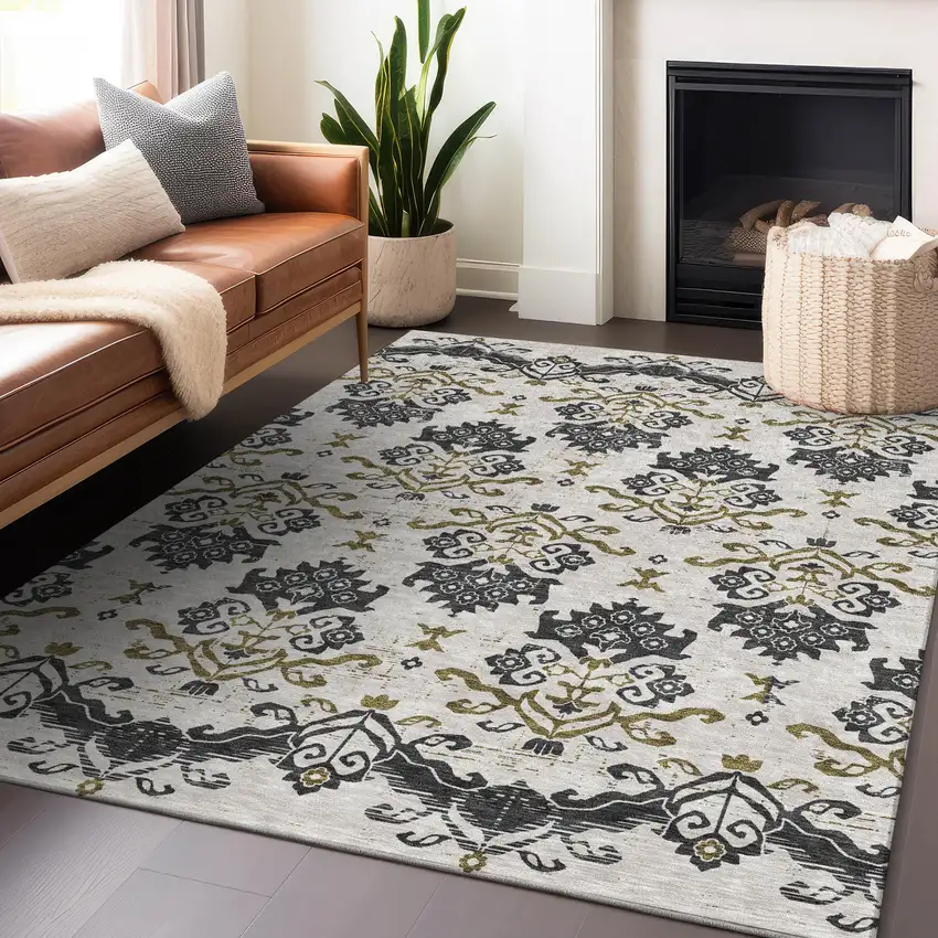 Black Beige And Gold Medallion Washable Area Rug With UV Protection Photo 6