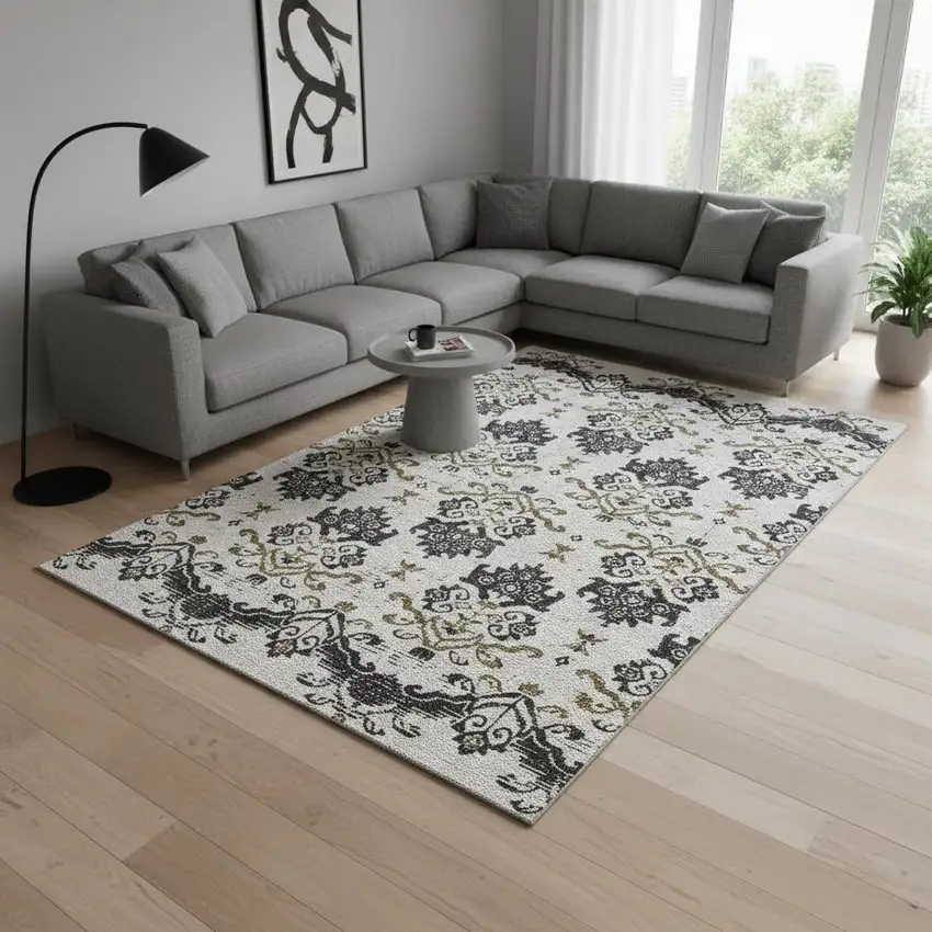 Black Beige And Gold Medallion Washable Area Rug With UV Protection Photo 2