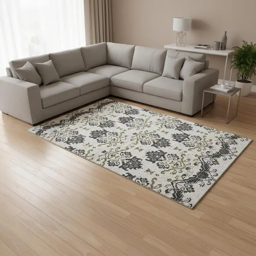 Black Beige And Gold Medallion Washable Area Rug With UV Protection Photo 2