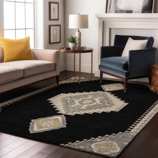 Black Beige And Gold Oriental Washable Area Rug With UV Protection Photo 4