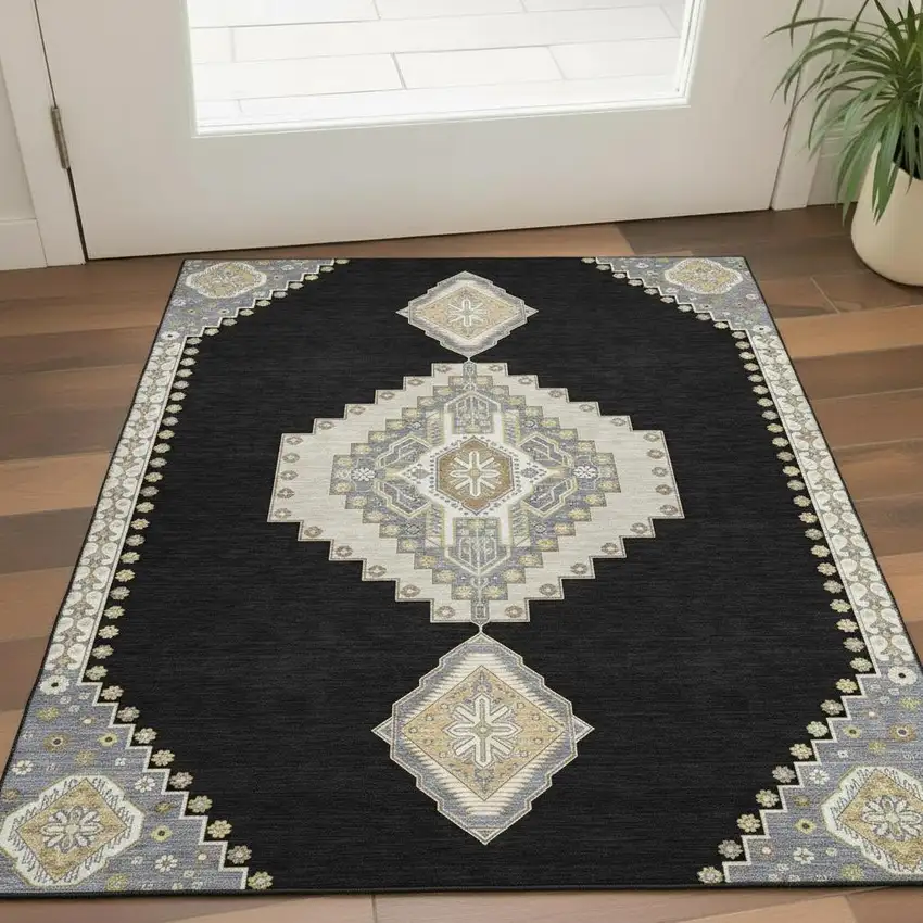 Black Beige And Gold Oriental Washable Area Rug With UV Protection Photo 2