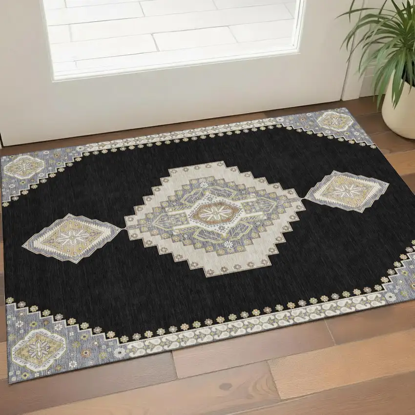Black Beige And Gold Oriental Washable Area Rug With UV Protection Photo 1
