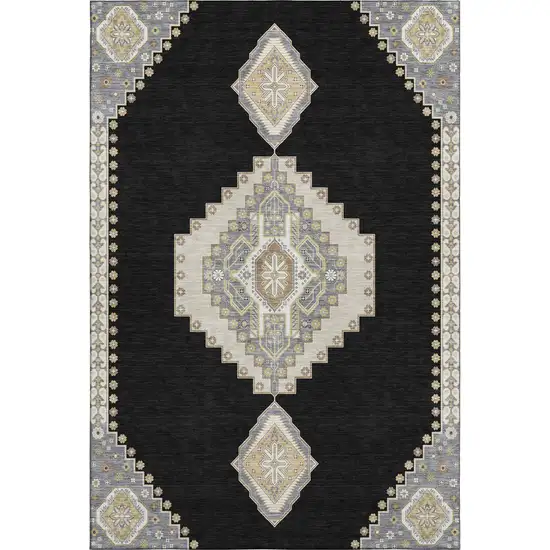 Black Beige And Gold Oriental Washable Area Rug With UV Protection Photo 1
