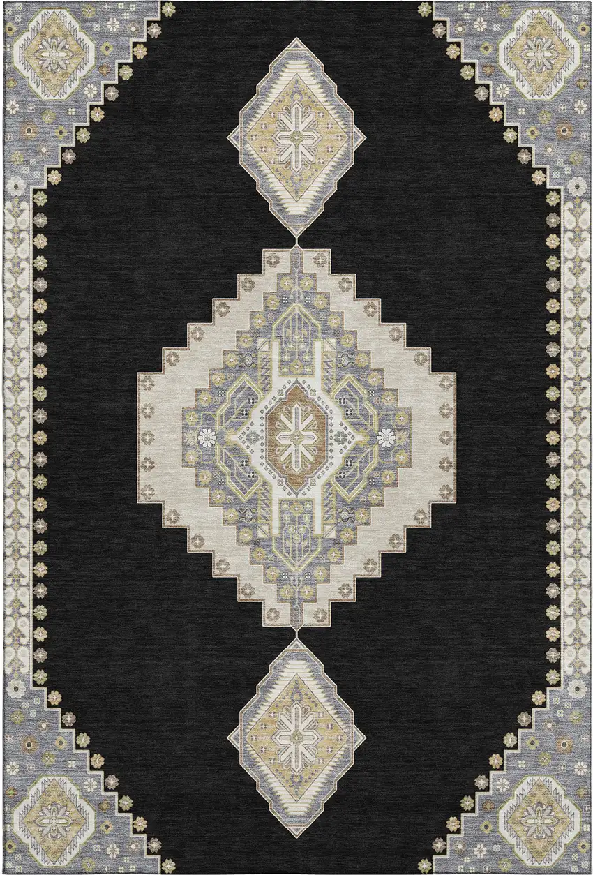 Black Beige And Gold Oriental Washable Area Rug With UV Protection Photo 1