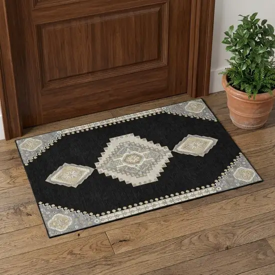 Black Beige And Gold Oriental Washable Area Rug With UV Protection Photo 1