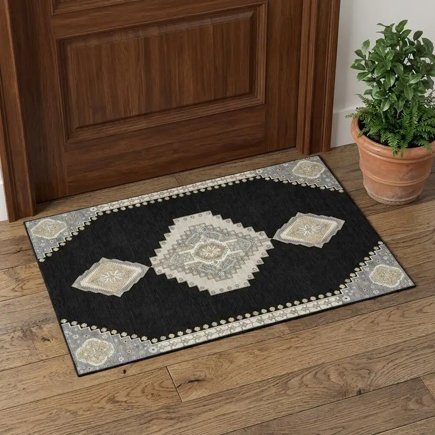Black Beige And Gold Oriental Washable Area Rug With UV Protection Photo 1