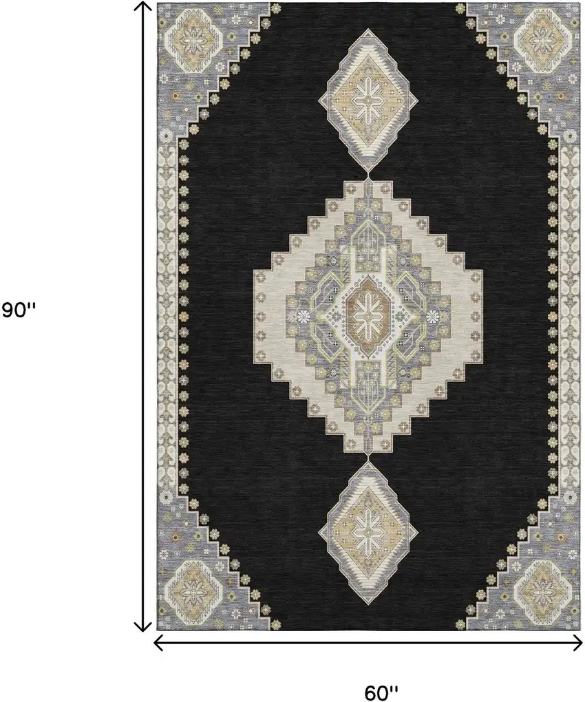 Black Beige And Gold Oriental Washable Area Rug With UV Protection Photo 7