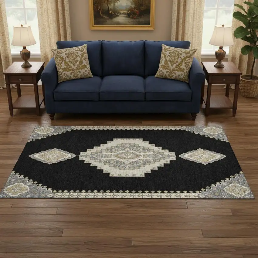 Black Beige And Gold Oriental Washable Area Rug With UV Protection Photo 2