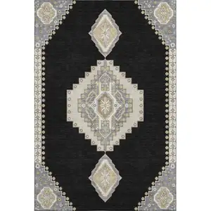 Photo of Black Beige And Gold Oriental Washable Area Rug With UV Protection