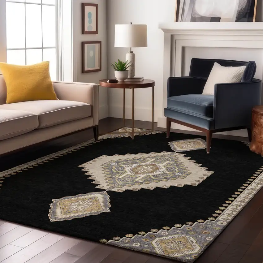 Black Beige And Gold Oriental Washable Area Rug With UV Protection Photo 4