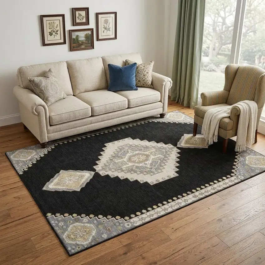 Black Beige And Gold Oriental Washable Area Rug With UV Protection Photo 1
