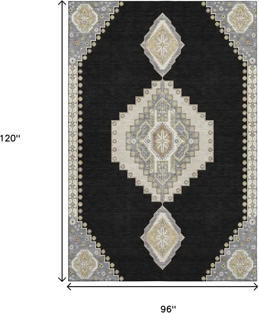 Black Beige And Gold Oriental Washable Area Rug With UV Protection Photo 7