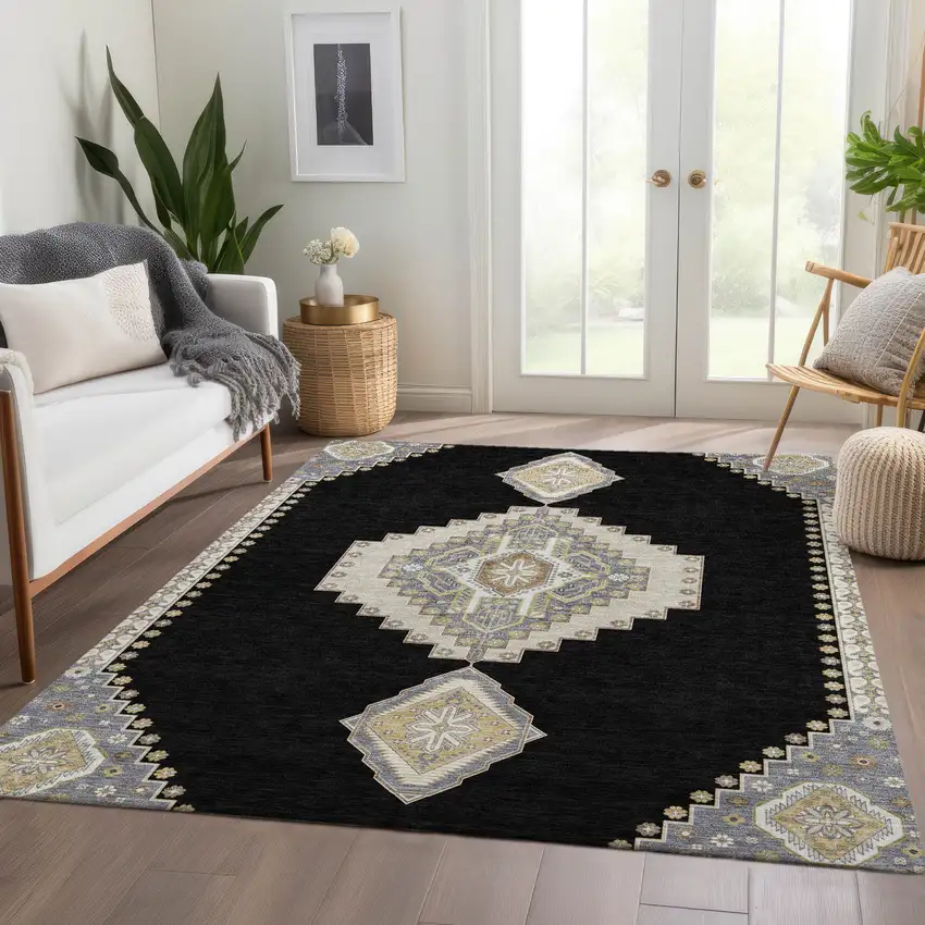 Black Beige And Gold Oriental Washable Area Rug With UV Protection Photo 5