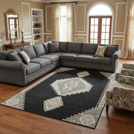 Black Beige And Gold Oriental Washable Area Rug With UV Protection Photo 2