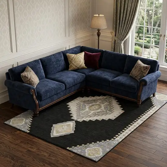 Black Beige And Gold Oriental Washable Area Rug With UV Protection Photo 1