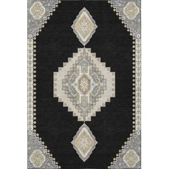 Black Beige And Gold Oriental Washable Area Rug With UV Protection Photo 3