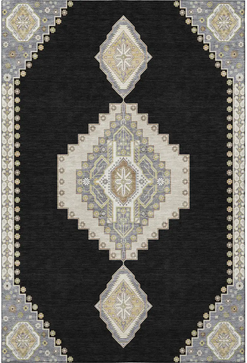Black Beige And Gold Oriental Washable Area Rug With UV Protection Photo 3