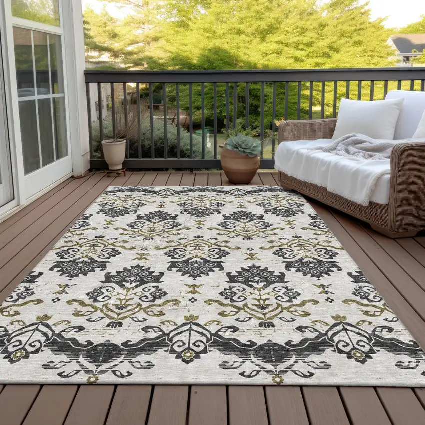 Black Beige And Gold Oriental Washable Indoor Outdoor Area Rug Photo 7