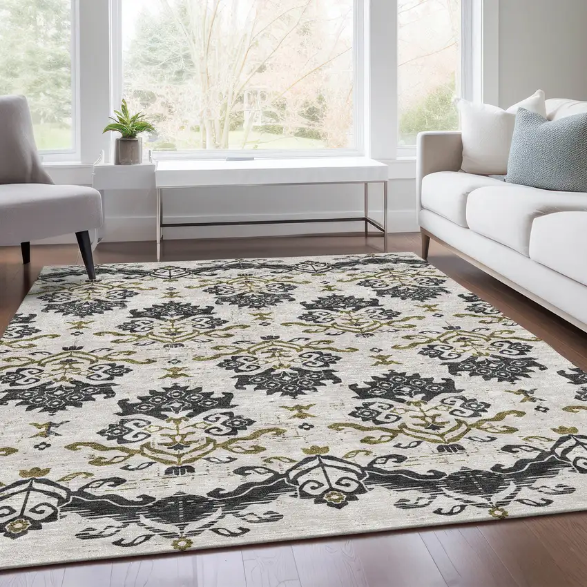 Black Beige And Gold Oriental Washable Indoor Outdoor Area Rug Photo 8