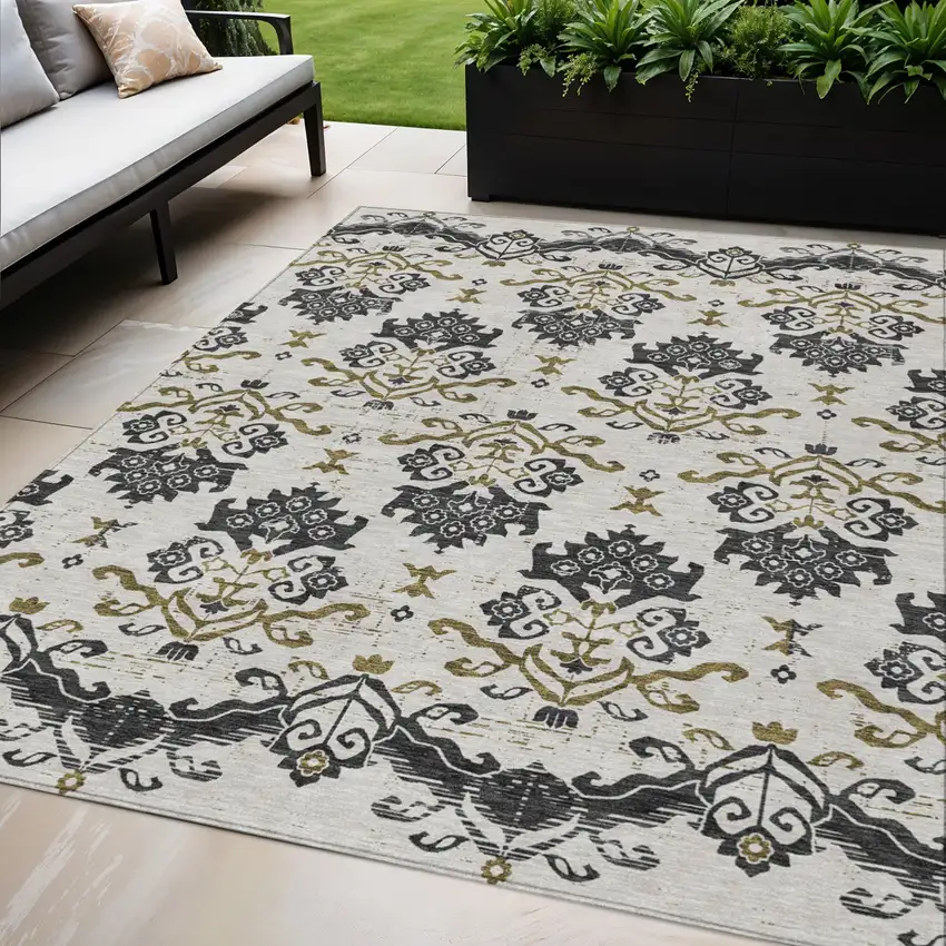 Black Beige And Gold Oriental Washable Indoor Outdoor Area Rug Photo 1