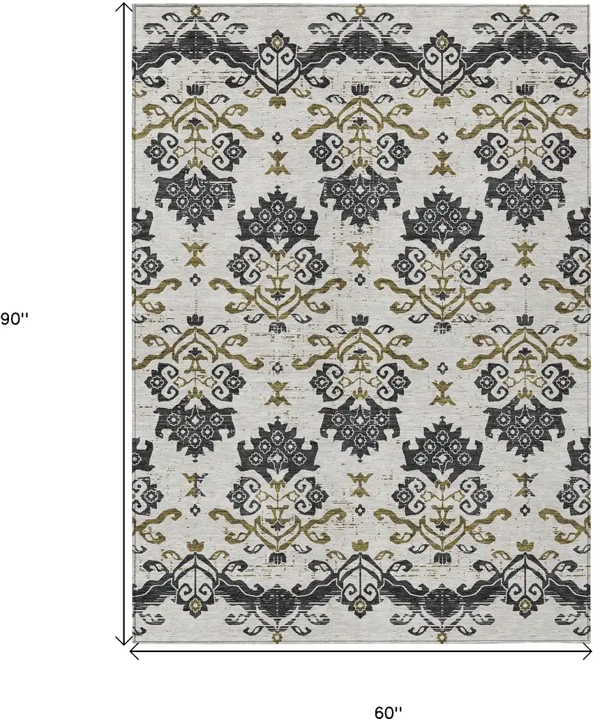 Black Beige And Gold Oriental Washable Indoor Outdoor Area Rug Photo 3