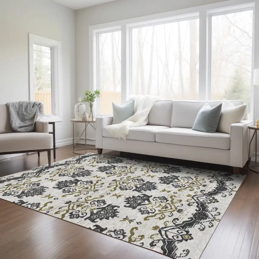 Black Beige And Gold Oriental Washable Indoor Outdoor Area Rug Photo 9