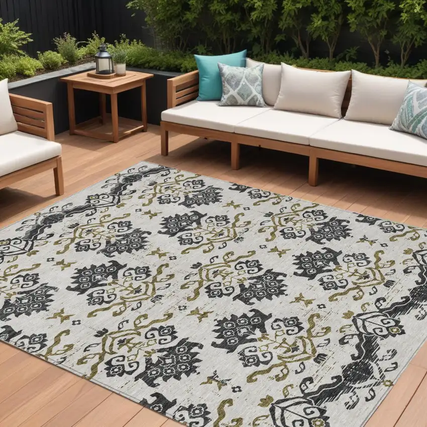 Black Beige And Gold Oriental Washable Indoor Outdoor Area Rug Photo 1