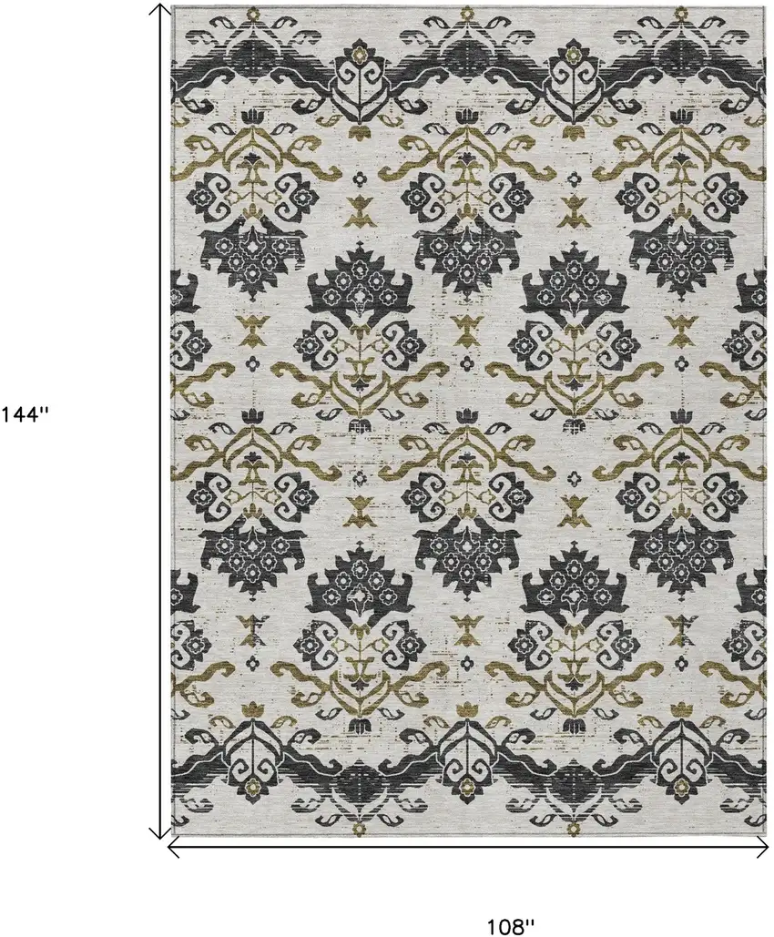 Black Beige And Gold Oriental Washable Indoor Outdoor Area Rug Photo 3