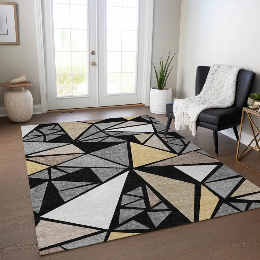 Black Beige And Gray Geometric Washable Indoor Outdoor Area Rug Photo 9